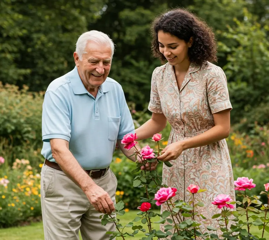 An elderly man and a young woman are tending to pink roses in a vibrant garden, showcasing a moment of bonding and gardening activity.
