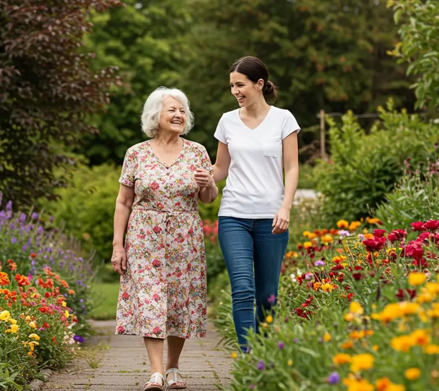 Two women walking together in a vibrant garden filled with colorful flowers, enjoying a warm day. The older woman wears a floral dress, while the younger woman is in casual attire, both smiling and engaging in conversation.