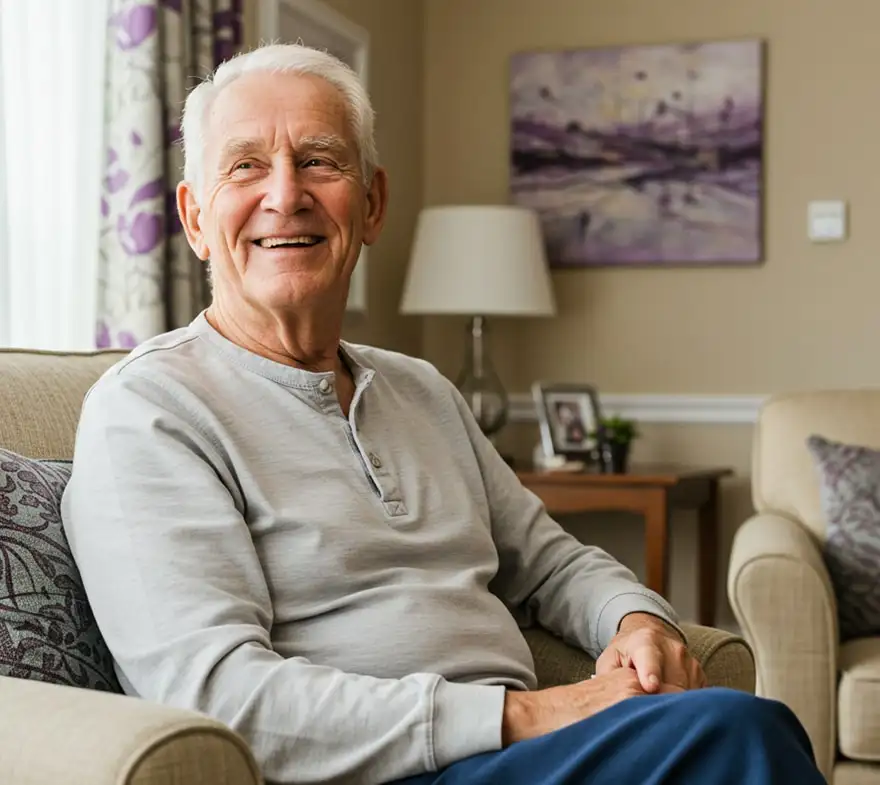 Smiling senior man sitting comfortably in a living room, wearing a light gray long-sleeve shirt, with a cozy atmosphere and decorative elements in the background.