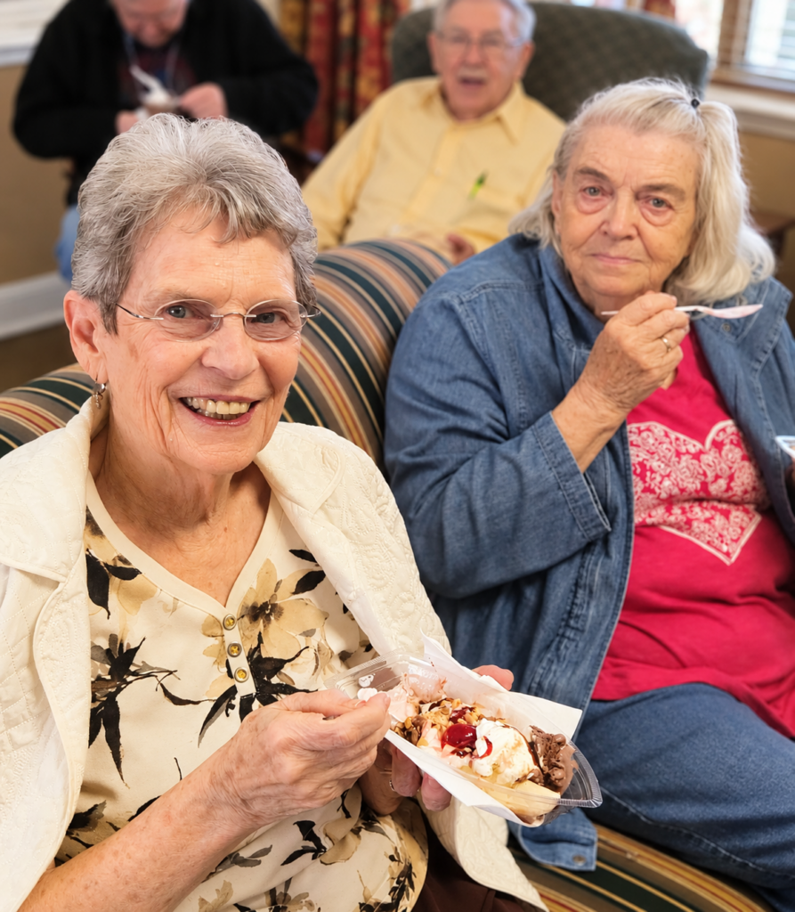 Residents enjoying dessert together at Holston Senior Living in Wytheville, Virginia