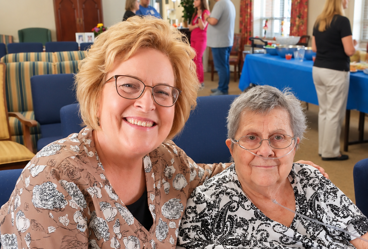 Resident smiling with a team member at Holston Senior Living in Wytheville, Virginia